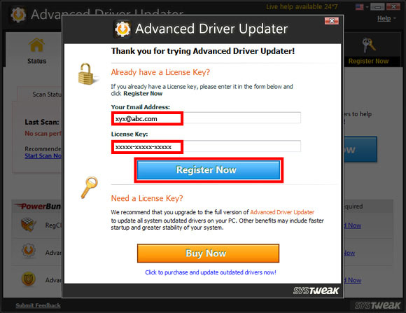Activate driver update registration key